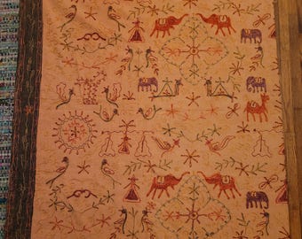 Crewel Embroidered King Size Bedspread India Coverlet Blanket People Animals Elephant