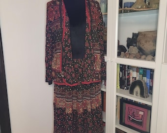 Vintage First Option Boho Hippie Crinkle Broomstick Skirt & Tie Top Jacket Set M