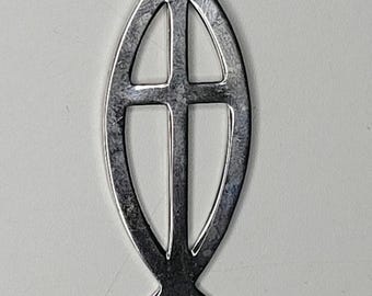Vintage Sterling Silver Large Ichthus Christian Jesus Fish Cross Pendant 2"