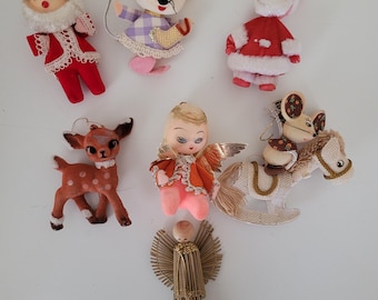 Vintage Lot 6 Flocked Christmas Ornaments Santa Deer Mice Mouse Angel