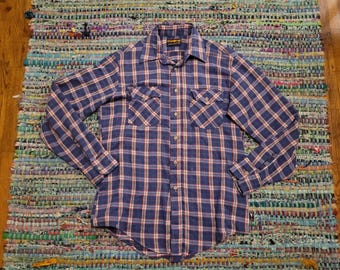 Vintage 70s Sears Thumbs Up Button Up Down Shirt M Blue Plaid Western Pocket