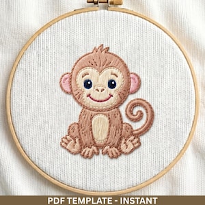 Broderimönster för söt apa i PDF-format, nybörjarvänligt handbroderimönster, djurramkonst, direktnedladdning