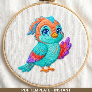 Patrón de bordado de pájaro cantor vintage en PDF, pájaro con diseño colorido, arte sencillo en bastidor, bordado a mano DIY