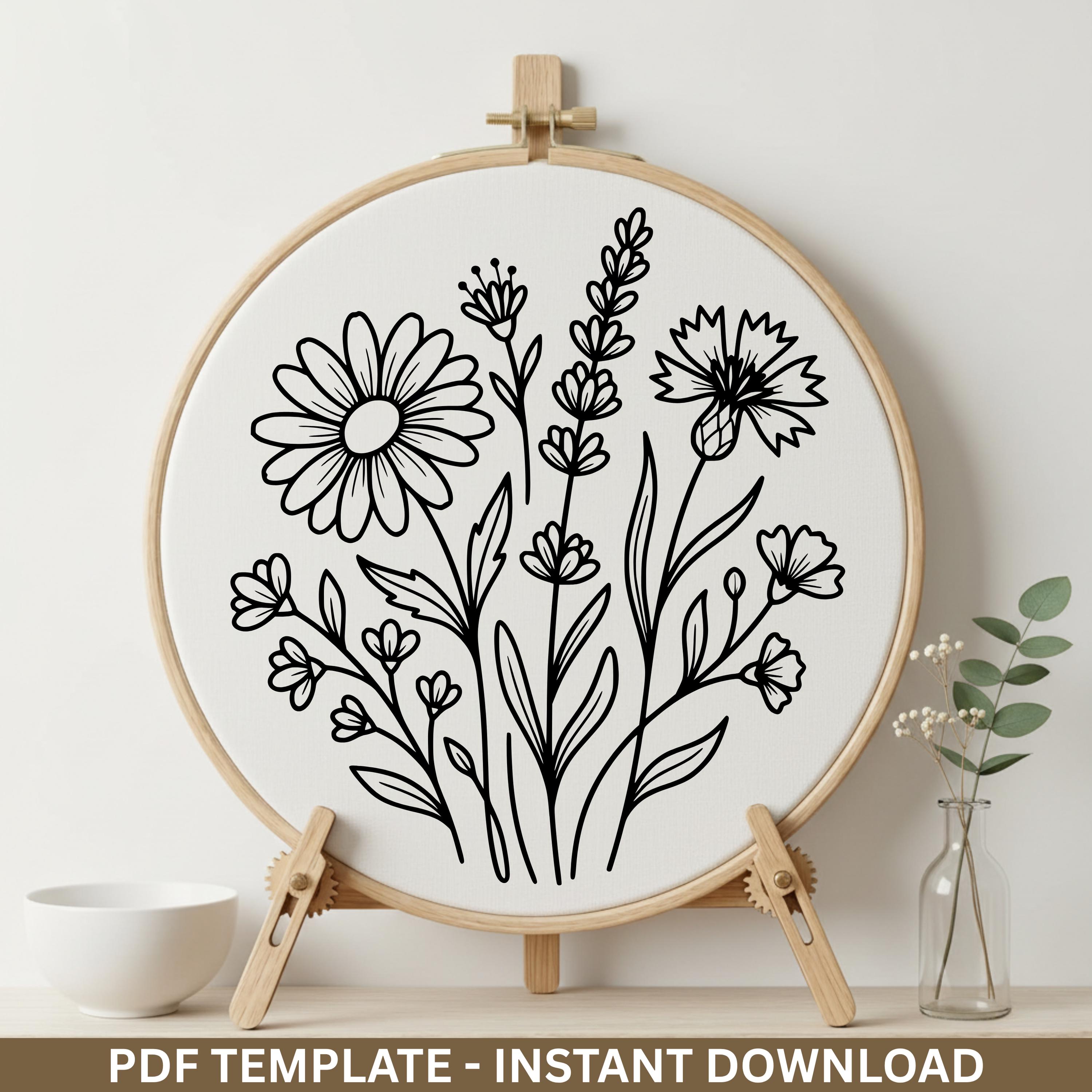 Modern Wildflower Embroidery Pattern PDF, Botanical Line Art Design ...