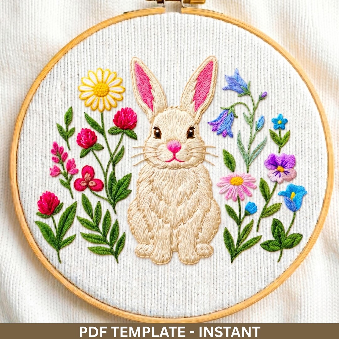 Floral Bunny Embroidery Pattern PDF, Woodland Rabbit Hand Embroidery ...