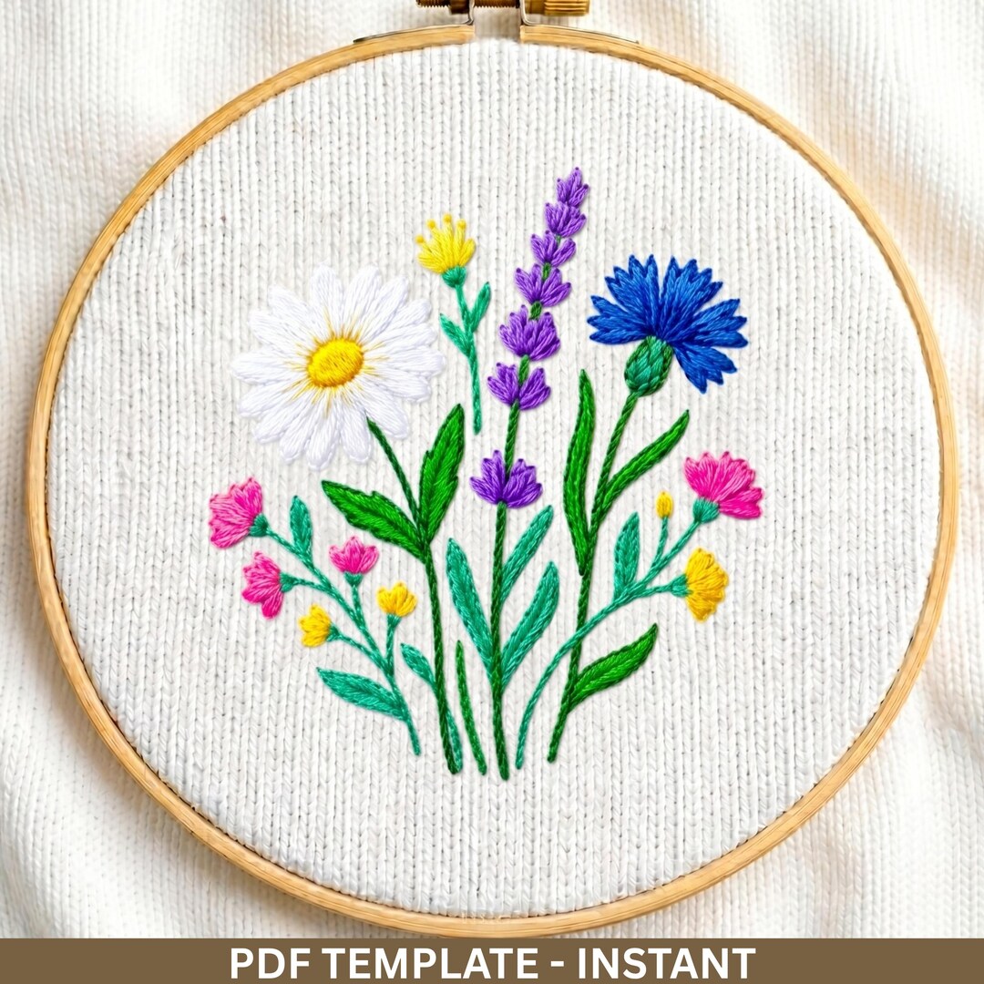 Modern Wildflower Embroidery Pattern PDF, Botanical Line Art Design ...