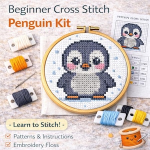 May include: A cross-stitch kit for beginners featuring a penguin design. The kit includes a wooden hoop, embroidery floss in various colors, a needle, and a pattern. The text "Beginner Cross Stitch Penguin Kit" is displayed at the top.