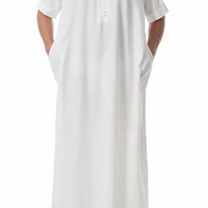 Męska Thoba z krótkim rękawem | Lekka, oddychająca islamska jubba | Muzułmańskie Qamis | Skromna letnia szata | Odzież na Eid Jummah Umrah