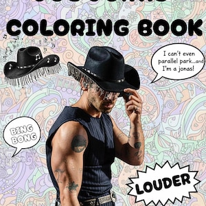 Puede incluir: Una portada de libro para colorear con el texto "JOE JONAS COLORING BOOK" en letras negras grandes. La imagen presenta a un hombre con un sombrero negro y una camiseta sin mangas. Globos de diálogo dicen "BING BONG", "I can't even parallel park...and I'm a jonas!" y "LOUDER".
