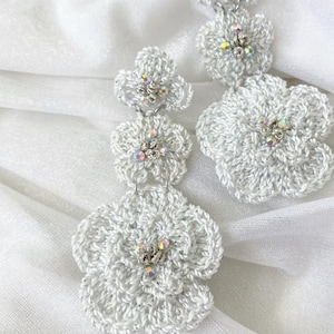 Crochet Flower Earrings, White Jewelry, Statement Earrings, Flower Earrings, Elegant Earrings, Lightweight Earrings, Long Earrings