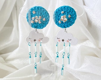 Cloud Earrings, Crochet Cloud Earrings, Crochet Blue Earrings, Crochet Jewelry, Handmade Earrings, Lightweight, Raining, Clouds