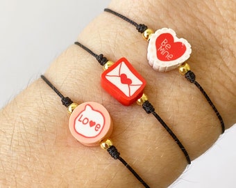 Pulsera de San Valentín, Regalo de San Valentín, Pulsera BFF, Pulsera minimalista, Cuerda Negra, Amor y Amistad