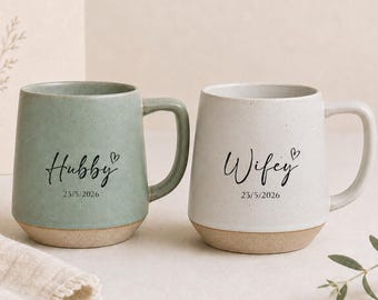 Personalized Hubby and Wifey Mug , Engagement Pottery Mug, Mr and Mrs Mug, Wedding Gifts for Couple, Bridal Shower, Valentines Day Gift