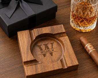 Personalized Cigar Ashtray for Men, Engraved Wooden Cigar Holder, Custom Walnut Ash Tray, Father’s Day Gift for Dad Husband Grandpa