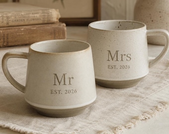 Personalized Mr Mrs Mugs, Custom Engraved Ceramic Coffee Cups, Wedding Gift for Couple, Anniversary Gift, Retro Pottery Mug