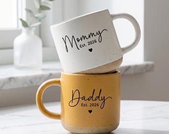 Personalized Engraved Mom Dad Pottery Mug, New Parents Mug, Pregnancy Announcement Mug Gift for New Dad, First Time Mom Gift