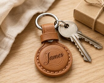 Personalized Leather AirTag Case, Custom AirTag Keychain for Dad, Engraved Leather AirTag Holder, Gift for Him, Husband Travel Gift