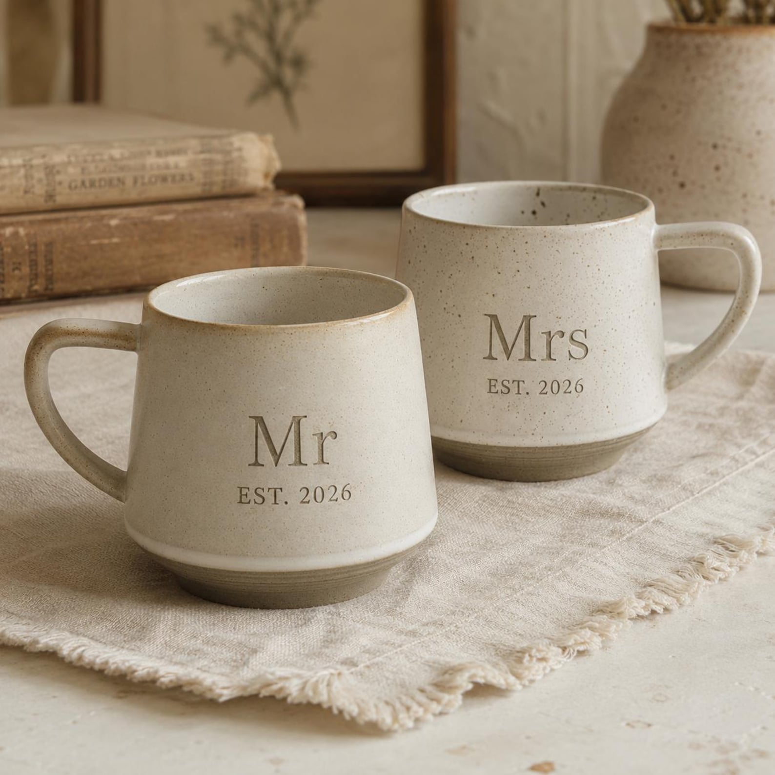 Personalized Mr Mrs Mug Set, Custom Engraved Ceramic Coffee Cups, Wedding Gift for Couple, Anniversary Gift, Retro Pottery Mug Set
