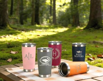 Personalized 20oz Travel Mug, Insulated Stainless Steel Tumbler, Laser Engraved Monogram, Custom Coffee & Tea Cup, Corporate Gifts