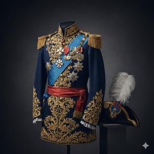 Modell av kungblå militäruniform – Guldbroderad ceremoniell jacka – Historisk aristokratisk dräkt – Digital nedladdning