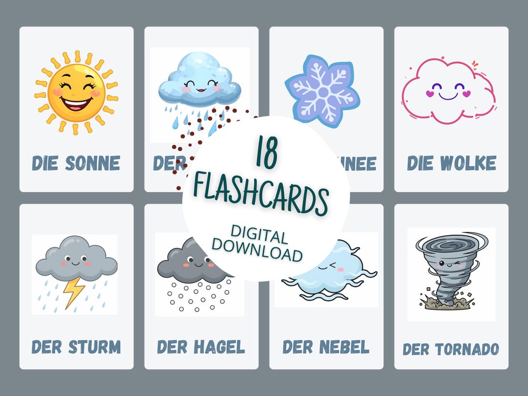 German Weather Flashcards A1 – 18 Printable PNG Cards (8.5×11 ...