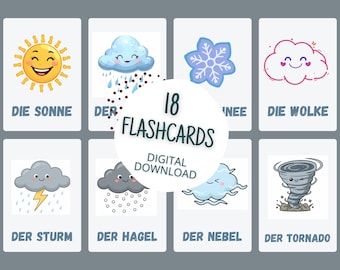 Deutsches Wetter Karteikarten A1 – 18 Printable PNG Karten (8.5×11) | Wetter-Vokabular für Anfänger