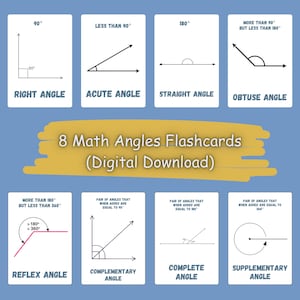May include: Eight math angles flashcards, including right, acute, straight, obtuse, reflex, complementary, complete, and supplementary angles. Each card features a diagram and angle measurement. The text "8 Math Angles Flashcards (Digital Download)" is also present.