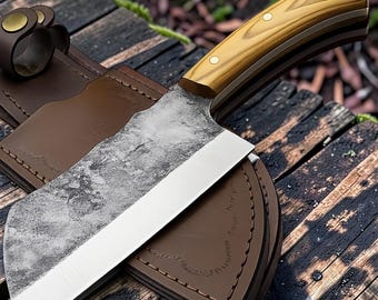 Handgemaakt hakmes van koolstofstaal, houten handvat, doorlopende tang, jachtmes, leren schede, outdoor survival tool, cadeau voor bruidsjonkers (voor haar of hem)