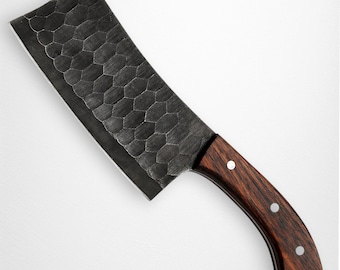 Cuchillo de carnicero de acero inoxidable hecho a mano con espiga completa para caza y supervivencia al aire libre, con funda de cuero de primera calidad. Regalo único para hombres y mujeres.