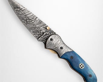 Handmade Damascus Steel Hunting Knife with Blue Bone Handle – Outdoor Survival Gear