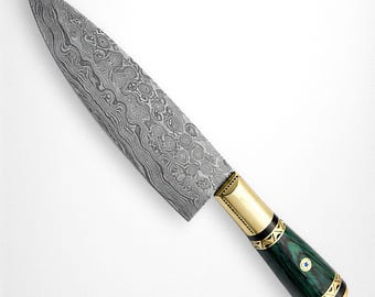 Cuchillo de chef de acero de Damasco, hecho a mano, de espiga completa, cuchillo de caza, cuchillo de supervivencia para exteriores con funda de cuero de primera calidad. Regalo único para hombres y mujeres.
