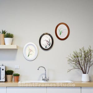 May include: Three oval framed botanical prints with floral designs hang on a light gray wall. The frames are white, black, and brown. The kitchen sink and countertop are visible in the foreground, with the text "SilentFramesStudio" on the countertop.
