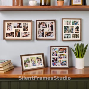 May include: A collection of wooden photo frames, each designed to hold multiple photographs. The frames are displayed on a wooden surface and a shelf. The images within the frames depict weddings and family events. The text "SilentFramesStudio" is visible at the bottom.