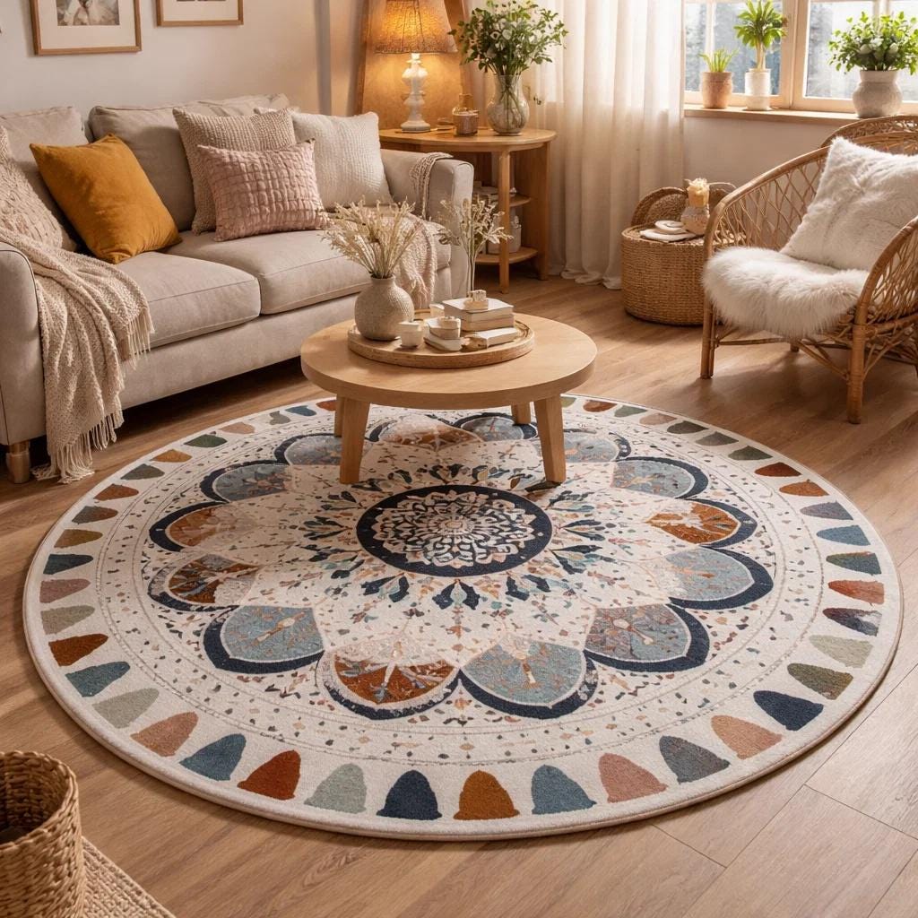 Round Hand Tufted Mandala Rug | Boho Living Room | Soft Wool Circular ...