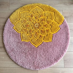 Hand Tufted Rug | Round Mandala Yellow Floral Carpet | Modern Statement Floor Piece.