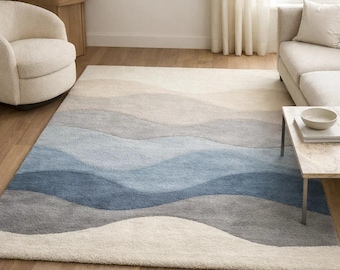 Hand Tufted Abstract Wave Rug, Blue Beige Modern Carpet