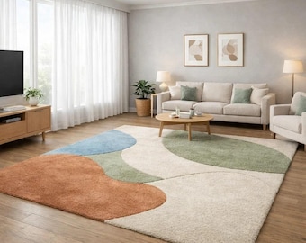 Hand Tufted Abstract Area Rug, Blue Green Rust, Modern Design