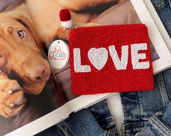 Love Perlen Geldbörse, handgefertigte rote Boho Perlen Geldbörse mit Bommel, Reißverschluss, Damen Geldbörse, Kartenhalter, Party Favors Geschenk, Accessoire