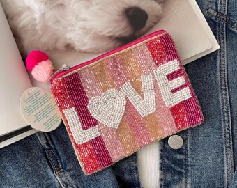 Love Perlen Münze Beutel, handgemachte Rosa Perlen Geldbörse mit Quaste, Reißverschluss, Damen Geldbörse, Kartenhalter, Party Favors Geschenk, Valentinstag