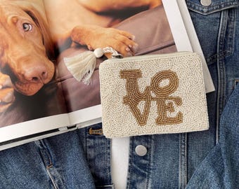 Love Perlen Münzbeutel, handgefertigte Ivory Perlen Geldbörse mit Quaste, Reißverschluss, Damen Geldbörse, Kartenhalter, Party Favors Geschenk, Valentinstag