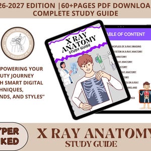 Könnte beinhalten: Ein digitales X-Ray Anatomy Studienhandbuch, Ausgabe 2026-2027, als PDF-Download mit über 60 Seiten. Das Cover zeigt eine Illustration einer Person, die ein Röntgenbild eines Brustkorbs hält. Ein zweiter Bildschirm zeigt das Inhaltsverzeichnis.