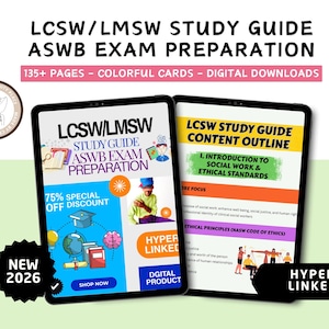 May include: Two tablets displaying LCSW/LMSW study guide ASWB exam preparation materials. The screens feature colorful graphics, text including '135+ pages', '75% special off discount', 'new 2026', and 'hyperlinked', alongside illustrations of a globe, books, and a brain.