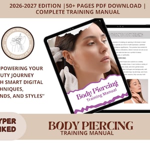 Pode incluir: Um tablet digital exibindo um "Manual de Treinamento de Body Piercing". A imagem mostra uma mulher fazendo um piercing na orelha. A capa do manual inclui o texto "Empowering Your Beauty Journey" e "Smart Digital Techniques."