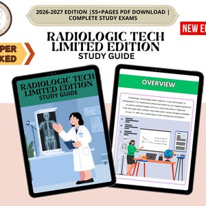 Puede incluir: Una guía de estudio digital para técnicos en radiología titulada Radiologic Tech Limited Edition Study Guide, edición 2026-2027, descarga en PDF de más de 55 páginas. La portada muestra a un profesional médico con una radiografía.