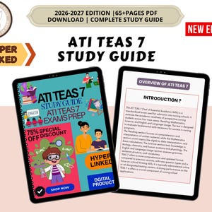 Può includere: Due tablet digitali che mostrano una guida allo studio ATI TEAS 7. Lo schermo sinistro mostra una copertina colorata con illustrazioni di studenti, uno scienziato e testo tra cui ATI TEAS 7 STUDY GUIDE. Lo schermo destro mostra una pagina di panoramica.