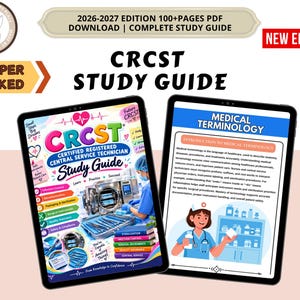May include: A 2026-2027 edition CRCST study guide in PDF format, featuring two tablet screens displaying educational content. The left screen shows a colourful cover with medical equipment, while the right screen displays a page titled Medical Terminology.