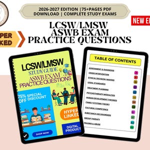 May include: A digital study guide for LCSW/LMSW ASWB exams, 2026-2027 edition, featuring 75+ pages in PDF format. The cover displays practice questions and a table of contents listing topics like assessment, diagnosis, crisis intervention, and ethics.