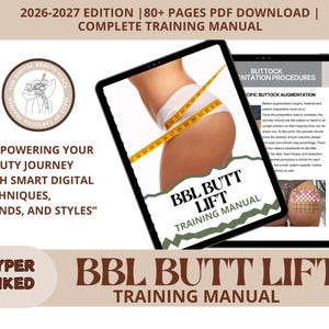 以下が含まれることがあります： 2 台のタブレットに、BBLバットリフトのトレーニングマニュアルが表示されています。マニュアルの表紙には、メジャーで測られた女性の下半身が写っています。表紙のテキストには「BBL Butt Lift Training Manual」と書かれています。