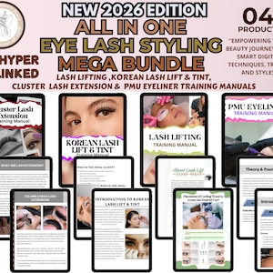 Könnte beinhalten: Ein digitales Bundle für Wimpernstyling, einschließlich Handbücher zu Wimpernlifting, koreanischem Wimpernlifting & Tönung, Cluster-Wimpernverlängerung und PMU-Eyeliner. Das Bundle ist mit "New 2026 Edition" gekennzeichnet und enthält 4 Produkte.