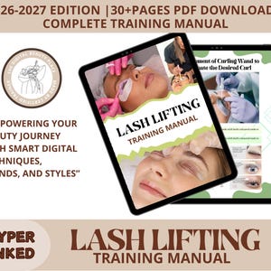 Op de afbeelding: Twee zwarte tablets met een "Wimperlifting Training Manual". De tablets tonen afbeeldingen van wimperlifting procedures. De tekst op de tablets luidt "2026-2027 Editie" en "Complete Training Manual". De afbeelding bevat ook de tekst "Versterk je Beauty Journey".